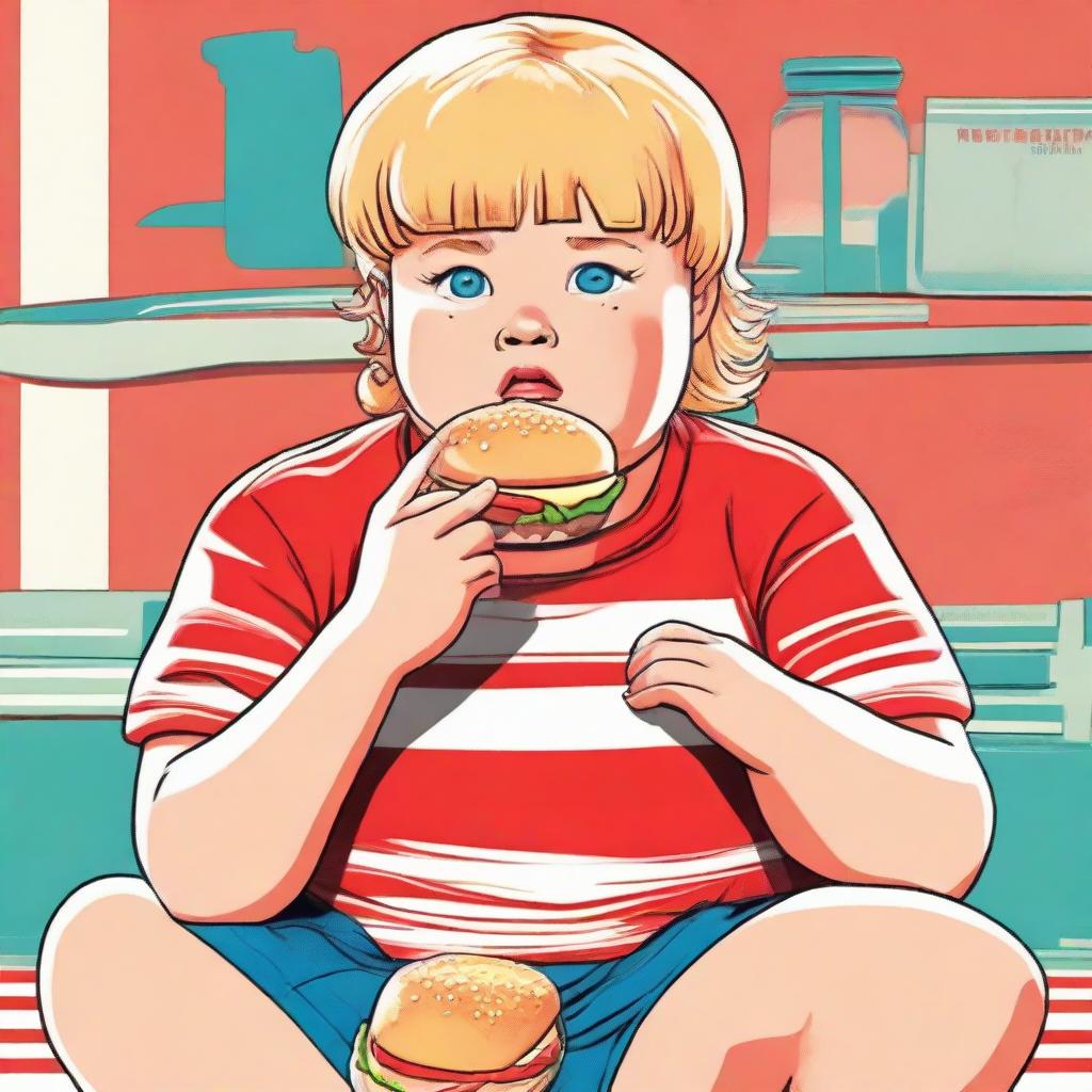 An 11 year old overweight child with short blonde hair, wearing a red stripe t-shirt and short pants, voraciously eating a burger. The image is stylized in a nostalgic 80s aesthetic.