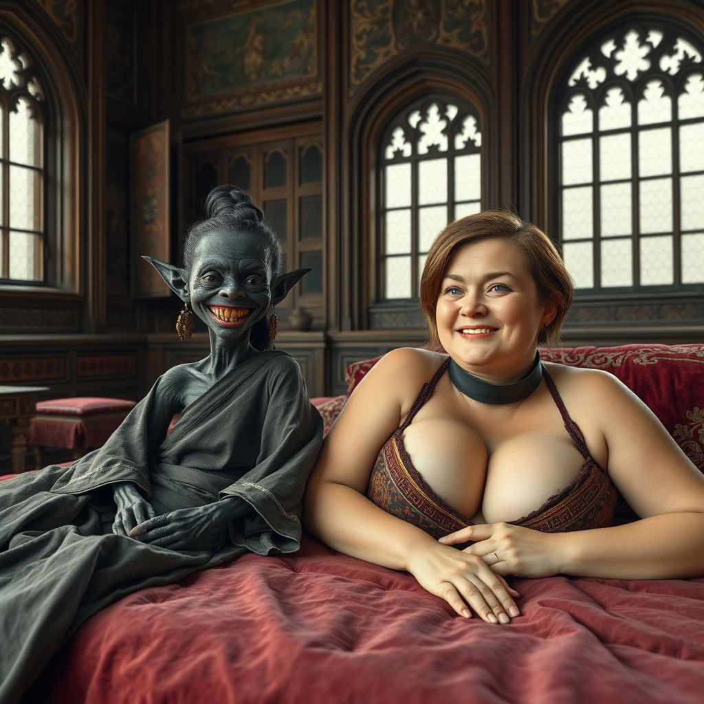 Two figures lying on a large medieval bed within an ancient palace featuring old, ornate windows