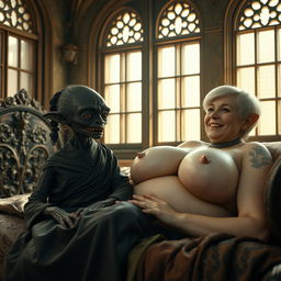 Inside an ancient medieval palace with old windows, a mesmerizing scene unfolds on an ornate bed