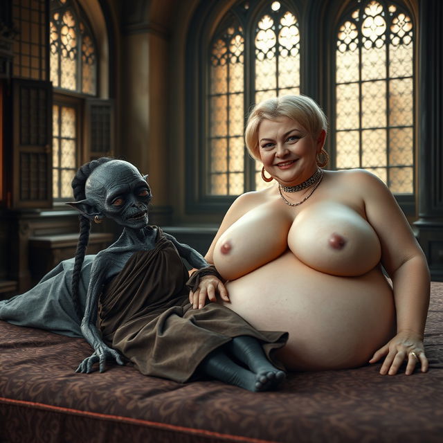 Inside an ancient medieval palace with old windows, a fascinating scene unfolds on a grand bed