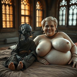 Inside an ancient medieval palace with old windows, a mesmerizing scene unfolds on a large bed