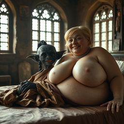 Inside an ancient medieval palace with old windows, a mesmerizing scene unfolds on a large bed