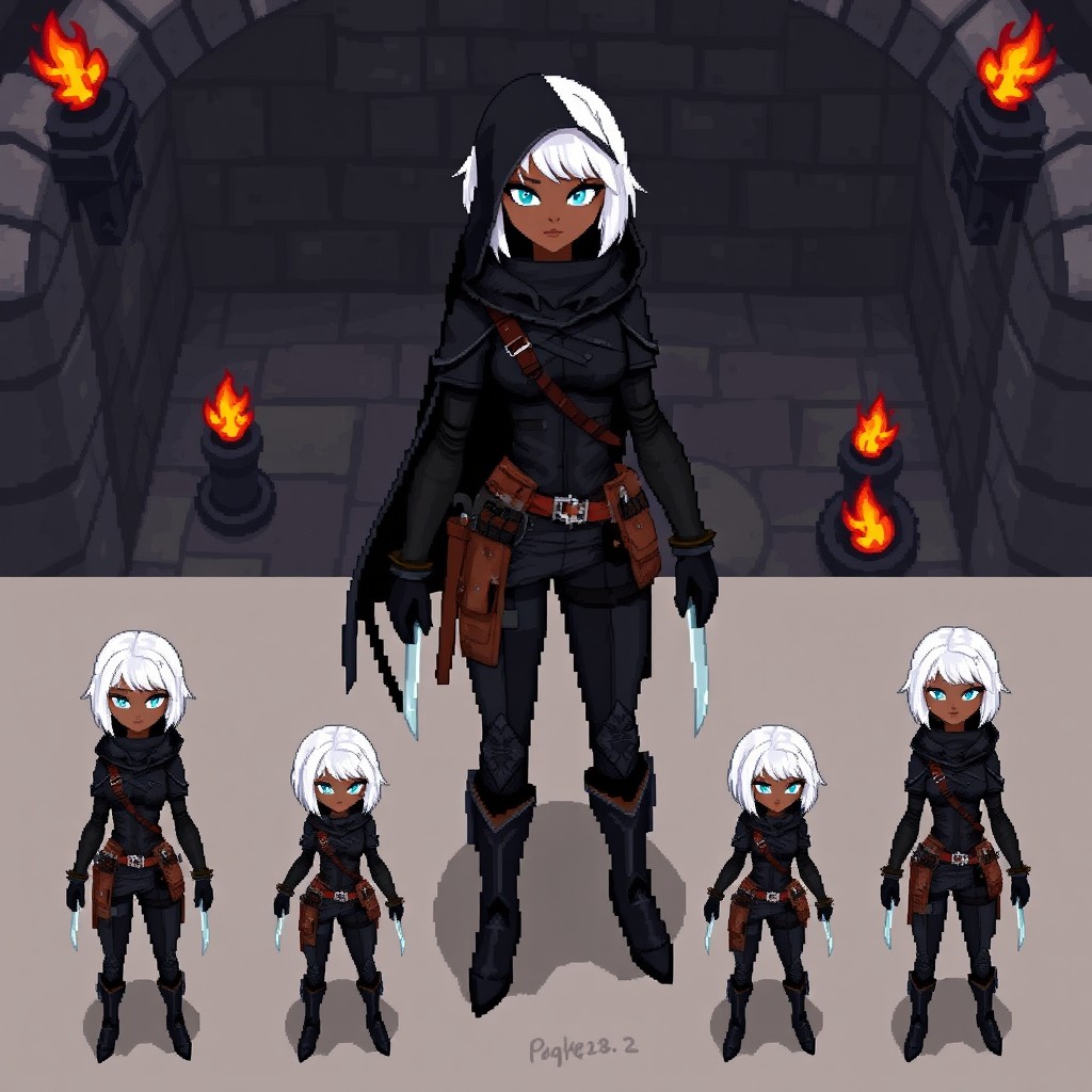 A pixel art design of a black female rogue character for a top-down game, inspired by Dungeons and Dragons