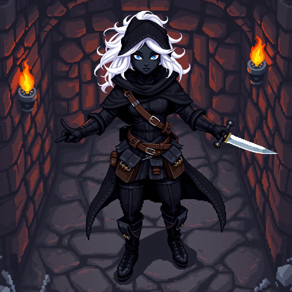 A pixel art design of a black female rogue character for a top-down game, inspired by Dungeons and Dragons