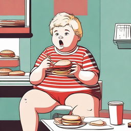 An 11 year old overweight child with short blonde hair, wearing a red stripe t-shirt and short pants, voraciously eating a burger. The image is stylized in a nostalgic 80s aesthetic.