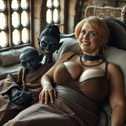 Two figures lying on a large medieval bed inside an ancient castle with old windows