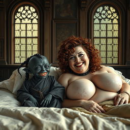 Two figures lying on an enormous medieval bed in a grand ancient palace, featuring vintage windows that showcase the opulence of the setting