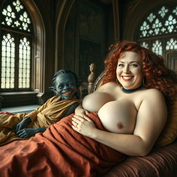 Two figures lying on an enormous medieval bed in a grand ancient palace, featuring vintage windows that showcase the opulence of the setting