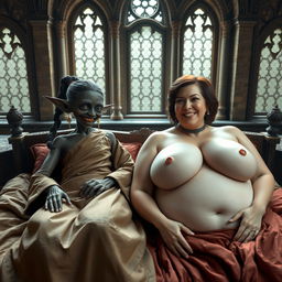 Two figures lying on a gigantic medieval bed in an ancient royal castle, featuring vintage windows that add to the grandeur of the setting