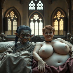 Two figures lying on a gigantic medieval bed in an ancient royal castle, featuring vintage windows that add to the grandeur of the setting