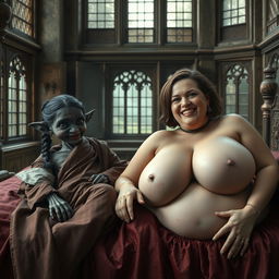 Two figures lying on a gigantic medieval bed in an ancient royal castle, featuring vintage windows that add to the grandeur of the setting