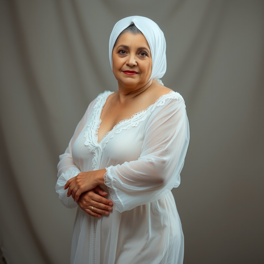 A 70-year-old Turkish grandmother with a curvy body and a height of 80 cm, wearing a white hijab