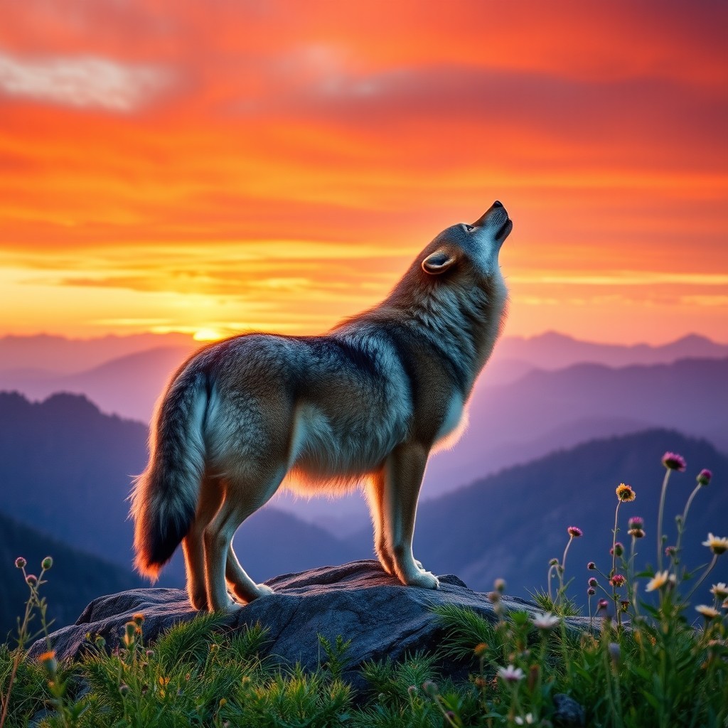 A majestic wolf standing on a rocky ledge, gazing out over a breathtaking mountainous landscape during sunset