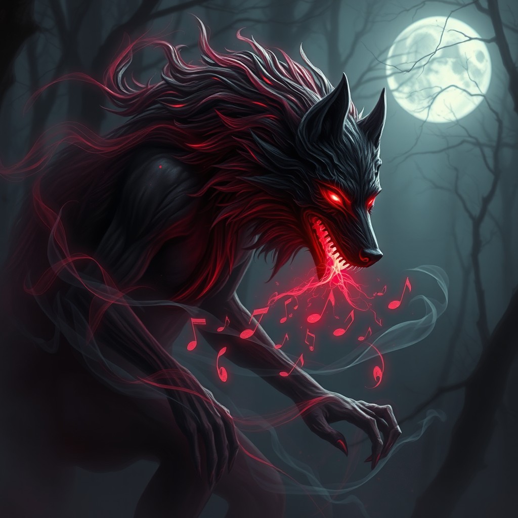 A captivating spectral figure resembling a blood wolf, entwined with shadows, embodies the essence of music in a Dungeons & Dragons setting