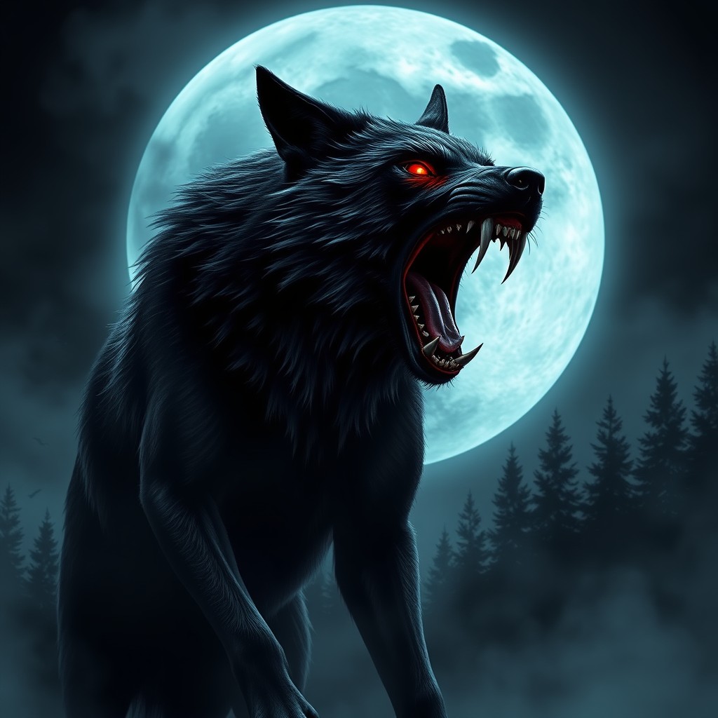 A terrifying black wolf with glowing red eyes, roaring fiercely, standing prominently in front of a large, luminous moon