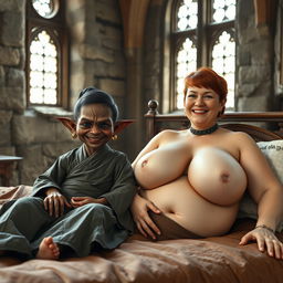 Two figures lying on a large medieval bed in an ancient castle with old windows: a tiny, malevolent female Goblin characterized as small and dark-skinned, with a malnourished appearance