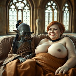 In a giant medieval bed within a spacious room enhanced by ancient windows, a tiny, very dark-skinned African female goblin lies smiling