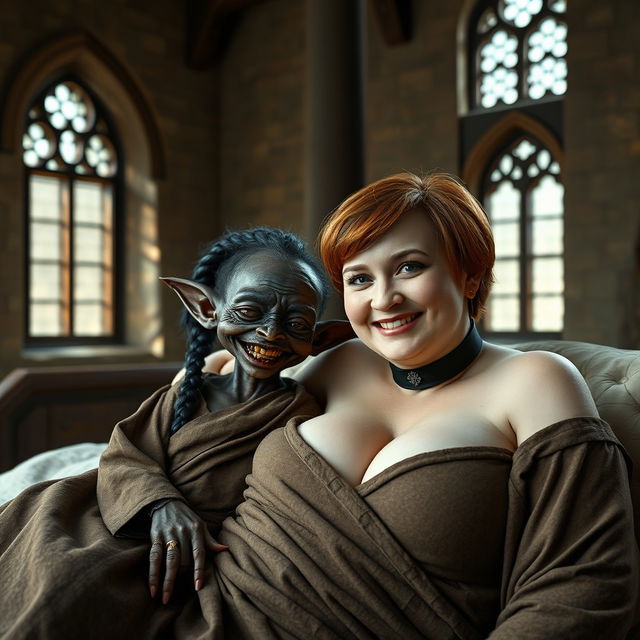 In a giant medieval bed within a spacious room enhanced by ancient windows, a tiny, very dark-skinned African female goblin lies smiling