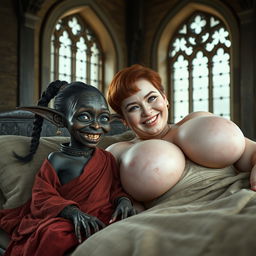 Lying in a large medieval bed within a grand room adorned with ancient windows, there is a minuscule African female goblin with very dark skin and a malnourished body