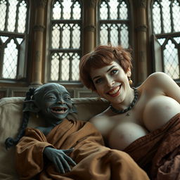 Lying in a large medieval bed within a grand room adorned with ancient windows, there is a minuscule African female goblin with very dark skin and a malnourished body