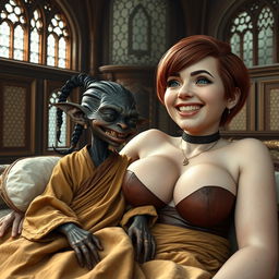 In a large medieval bed located within a palace adorned with ancient windows, a tiny female goblin with extremely dark skin and a malnourished body lies smiling