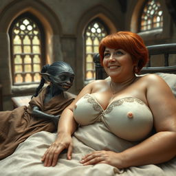 A medieval scene depicting a large bed in a medieval room with ancient windows, featuring two characters lying together