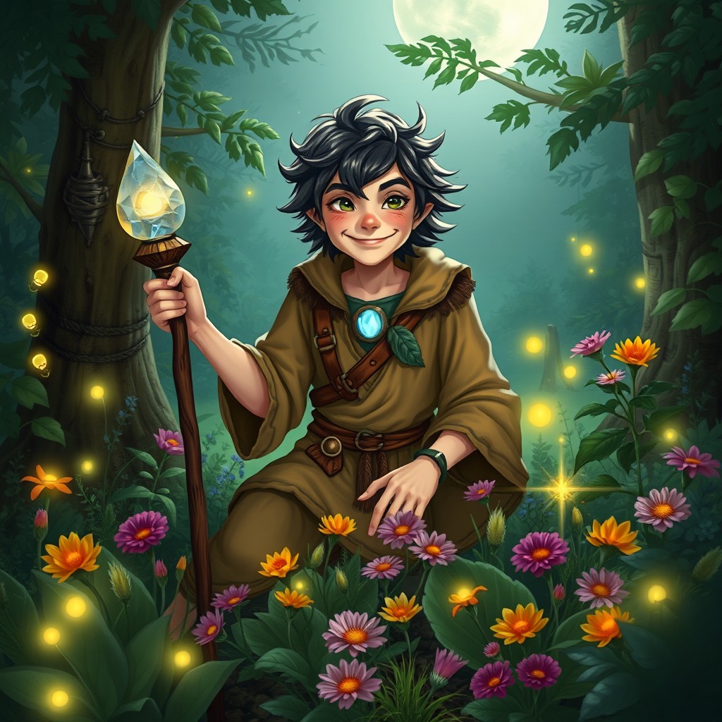 Joey Santore, depicted as a halfling moon druid, surrounded by lush greenery and vibrant flora under a full moon