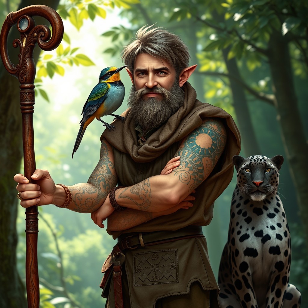 A male halfling in his 40s, with a warm, rugged appearance, showcasing tattoos of various plants and moon phases across his arms