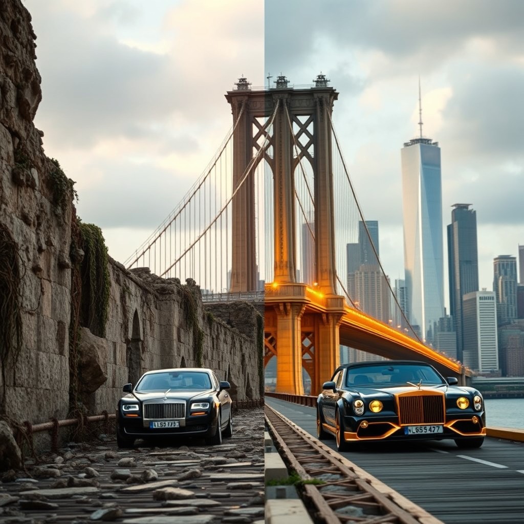 At the beginning of a crumbling bridge symbolizing the passage of time, with ancient stones and overgrown vines representing poor ancestors, transitioning into a scene showcasing opulence, wealth, and prosperity as seen in the luxurious Brooklyn Bridge in New York