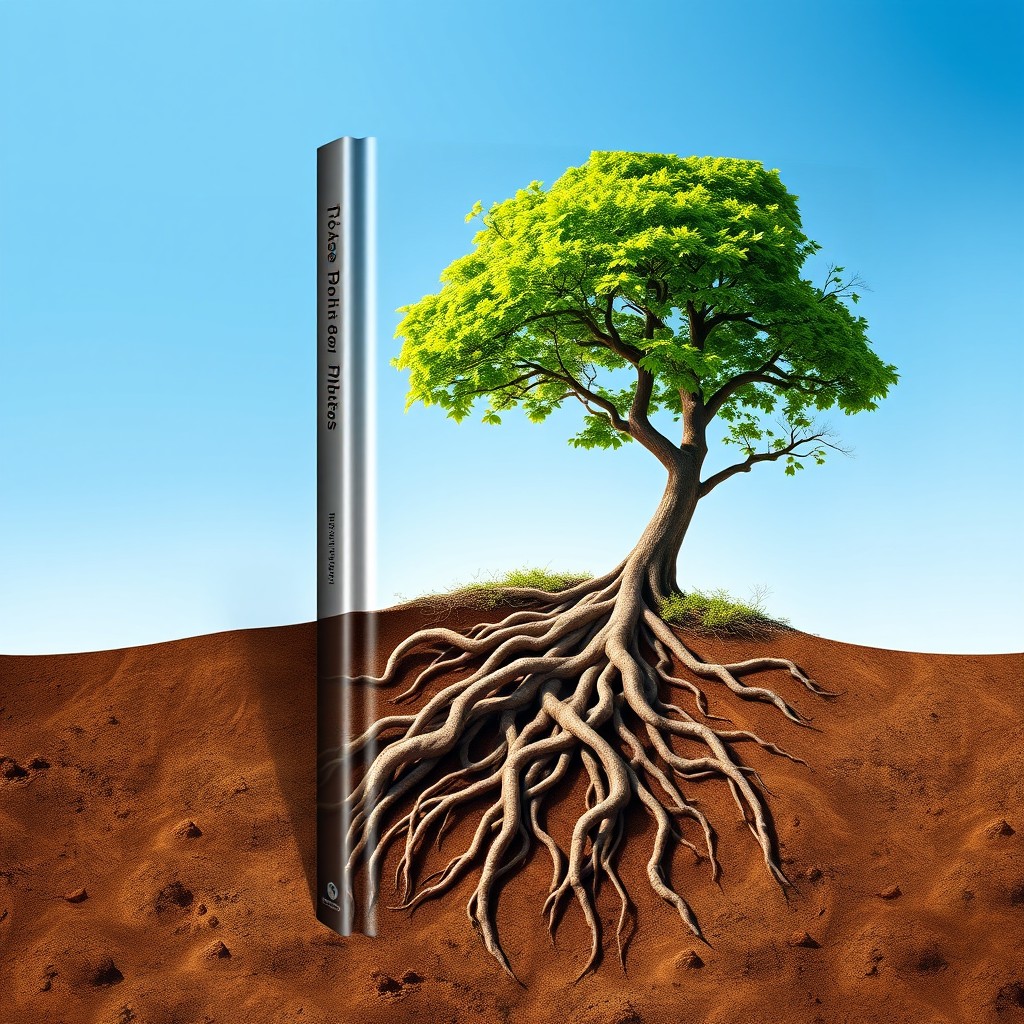 A stunning and elegant book cover design depicting the transformation from tangled tree roots in barren soil, symbolizing impoverished ancestors, to a vibrant, strong, and beautiful tree that signifies the wealthy heirs