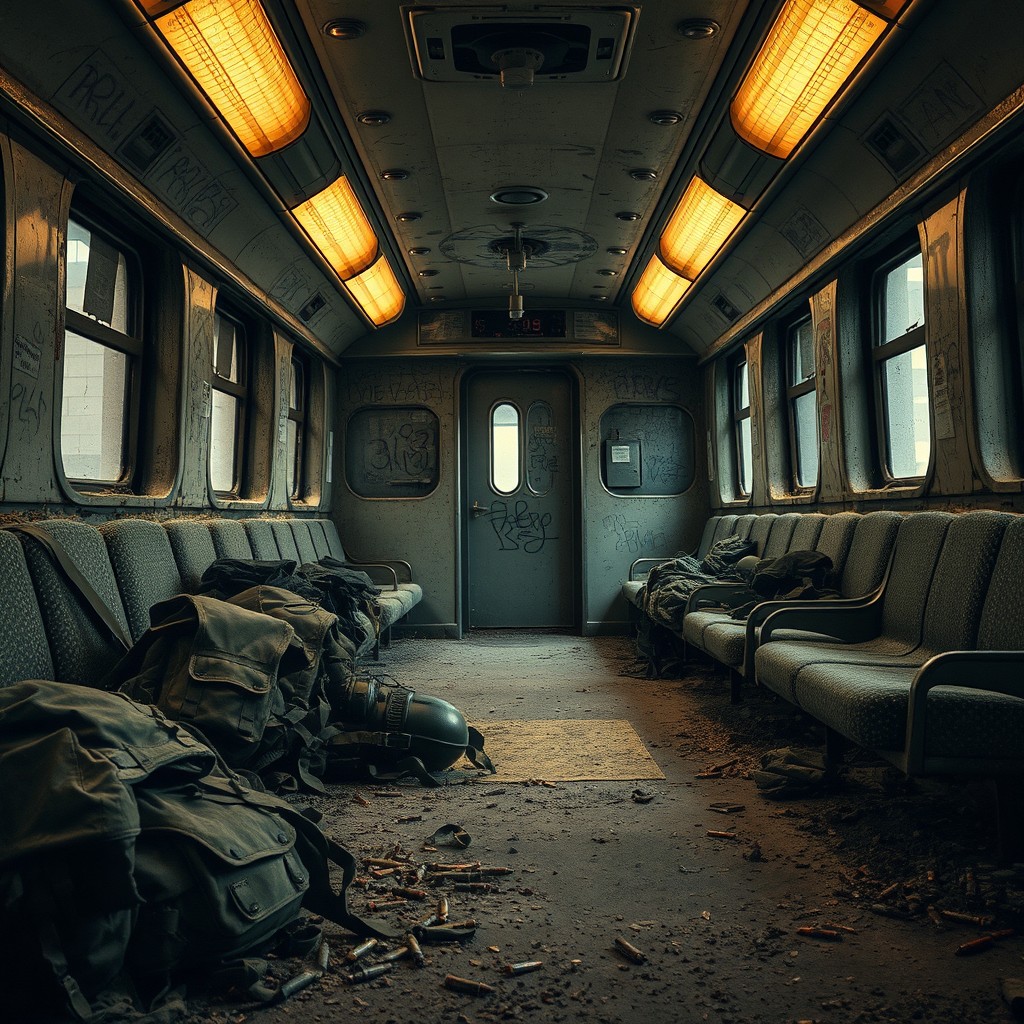 A haunting scene depicting an old subway car inside a destroyed subway station