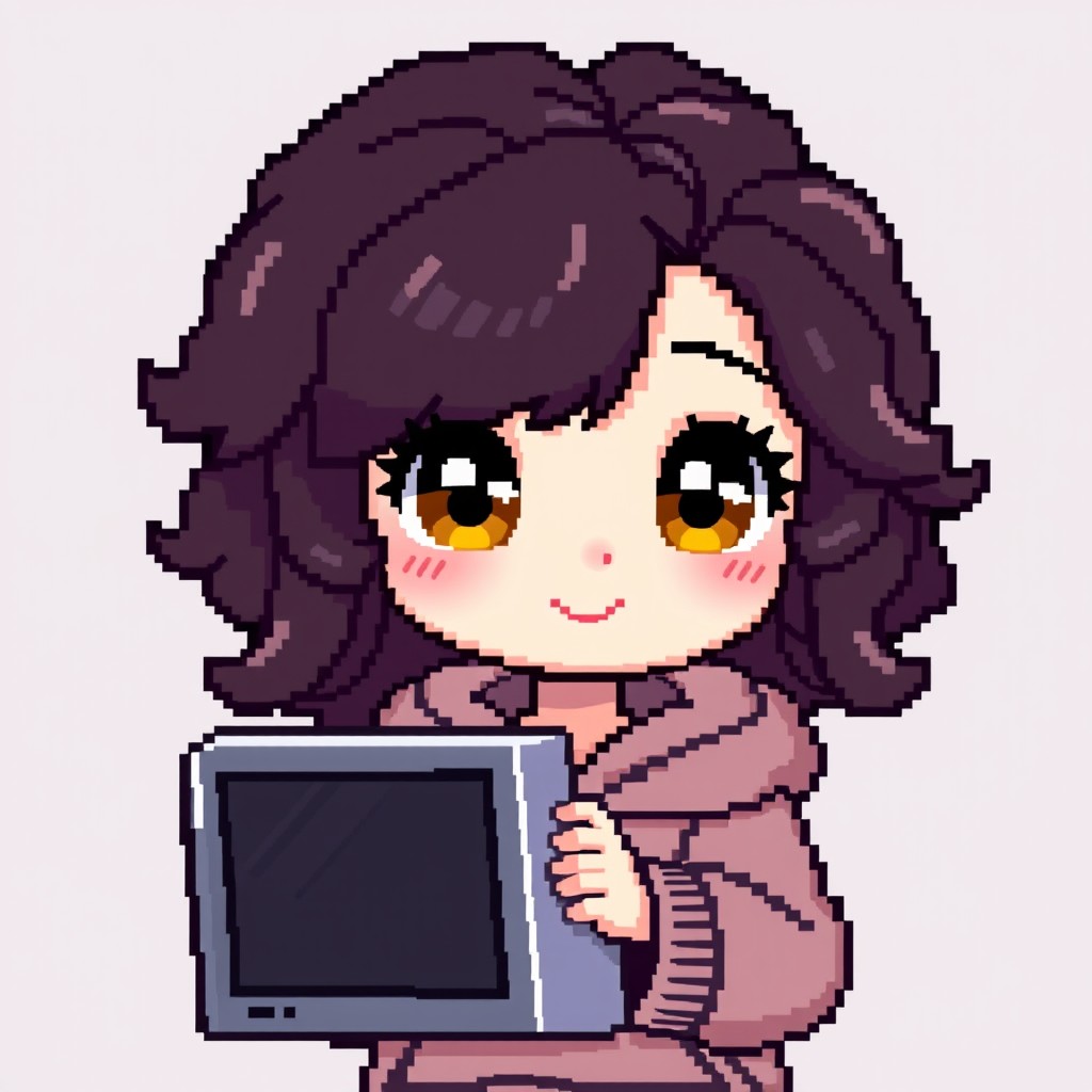 A cute pixel art character of a girl with dark, very curly hair and pale skin