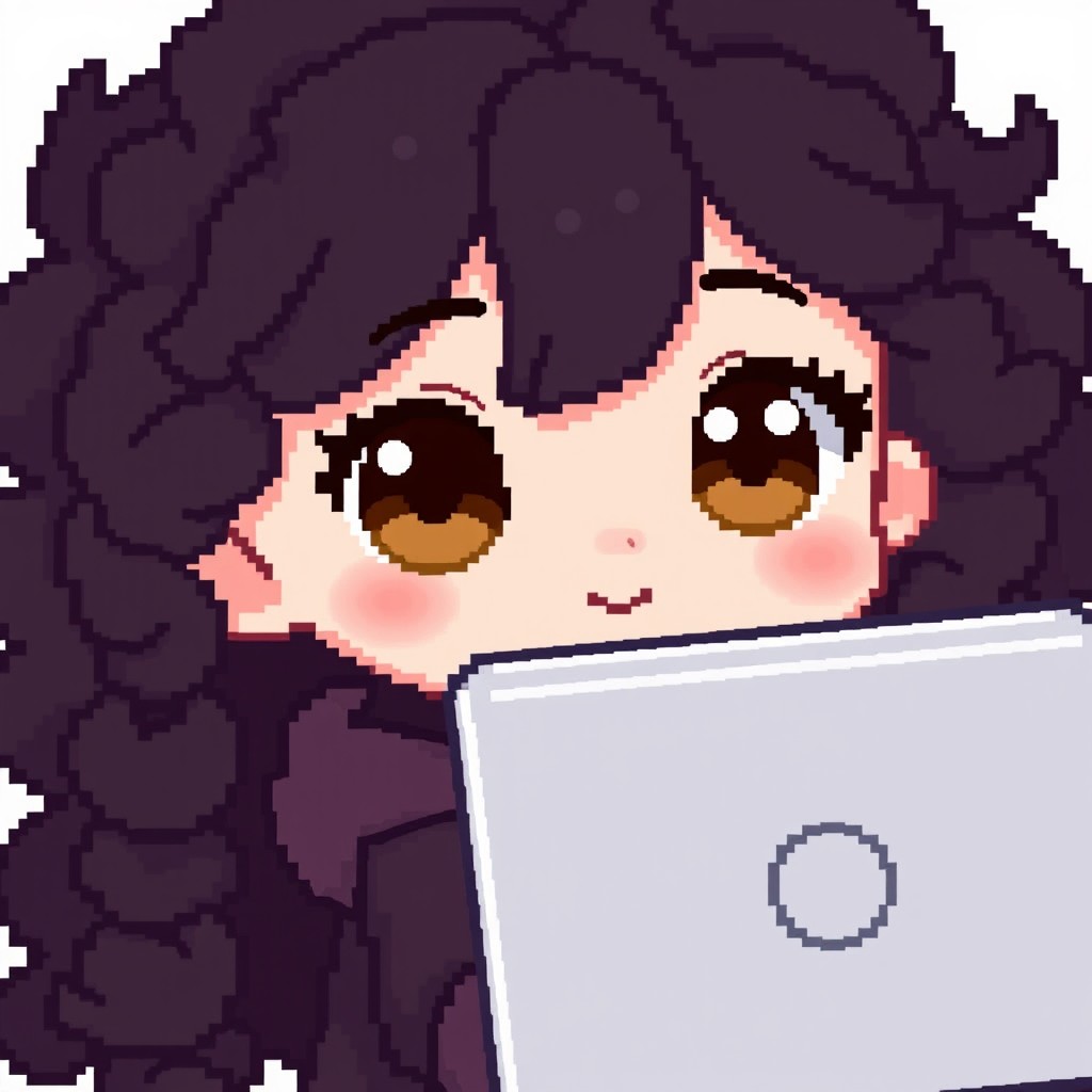 A cute pixel art character of a girl with dark, very curly hair and pale skin