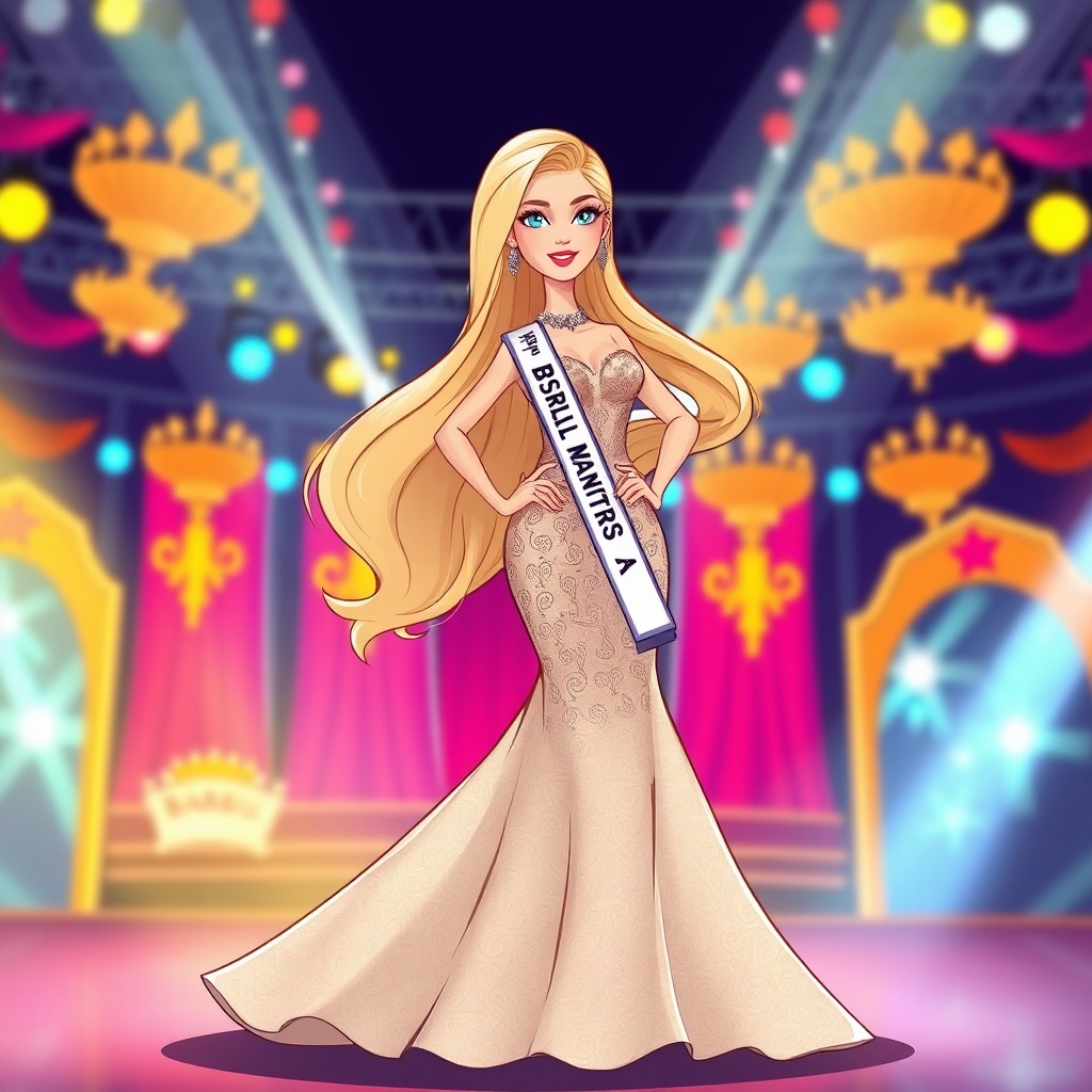A full-body illustration of a beautiful woman representing 'Barbie Angela Martins' as a contestant in Miss Universe Albania