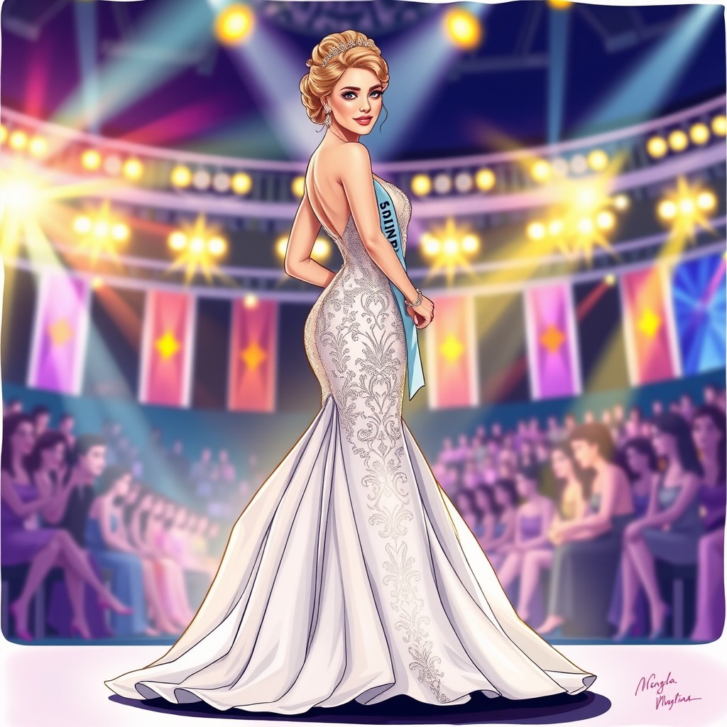 A full-body illustration of Angela Martins, a contestant in the Miss Universe pageant 2026 in Tirana