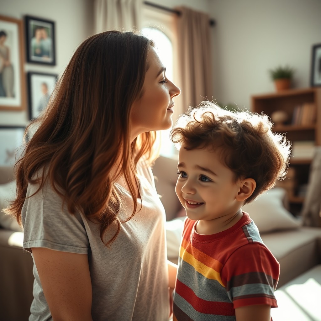 A warm and tender moment between a mother and son, captured in a heartwarming scene set in a cozy living room
