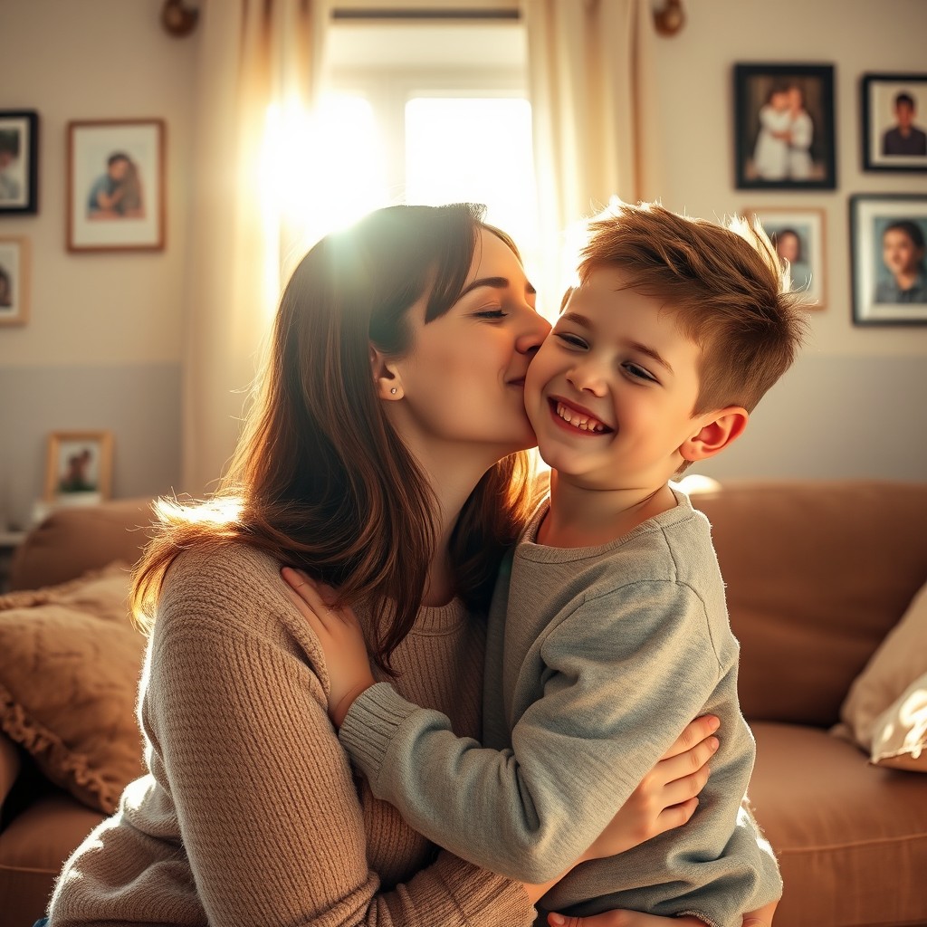 A warm and tender moment between a mother and her son, sharing a loving kiss on the cheek in a beautifully lit, cozy living room setting