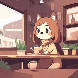 Skuna, a friendly cartoon character, and a lofi aesthetic combined in a cozy coffee shop scene.