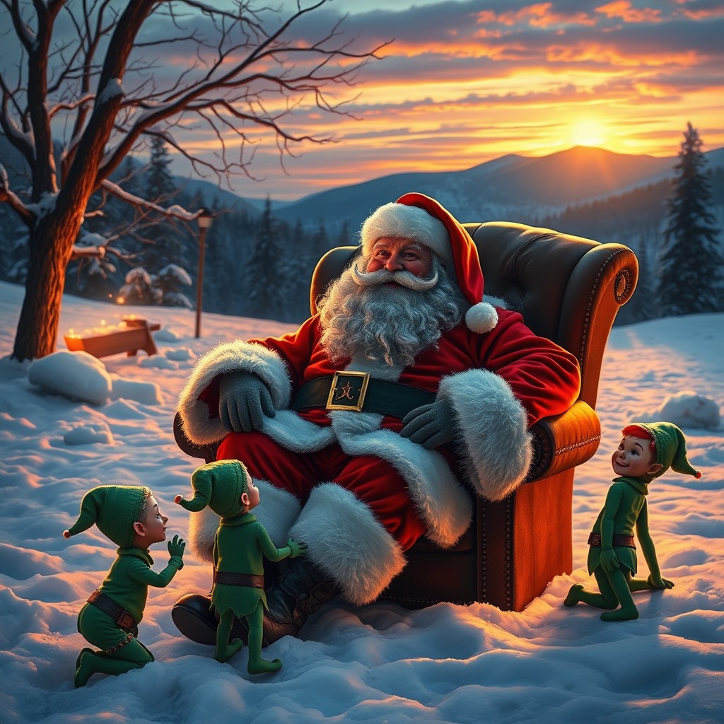 A very stout Santa Claus sitting comfortably in a chair surrounded by snow on the ground, with cheerful green elves around him