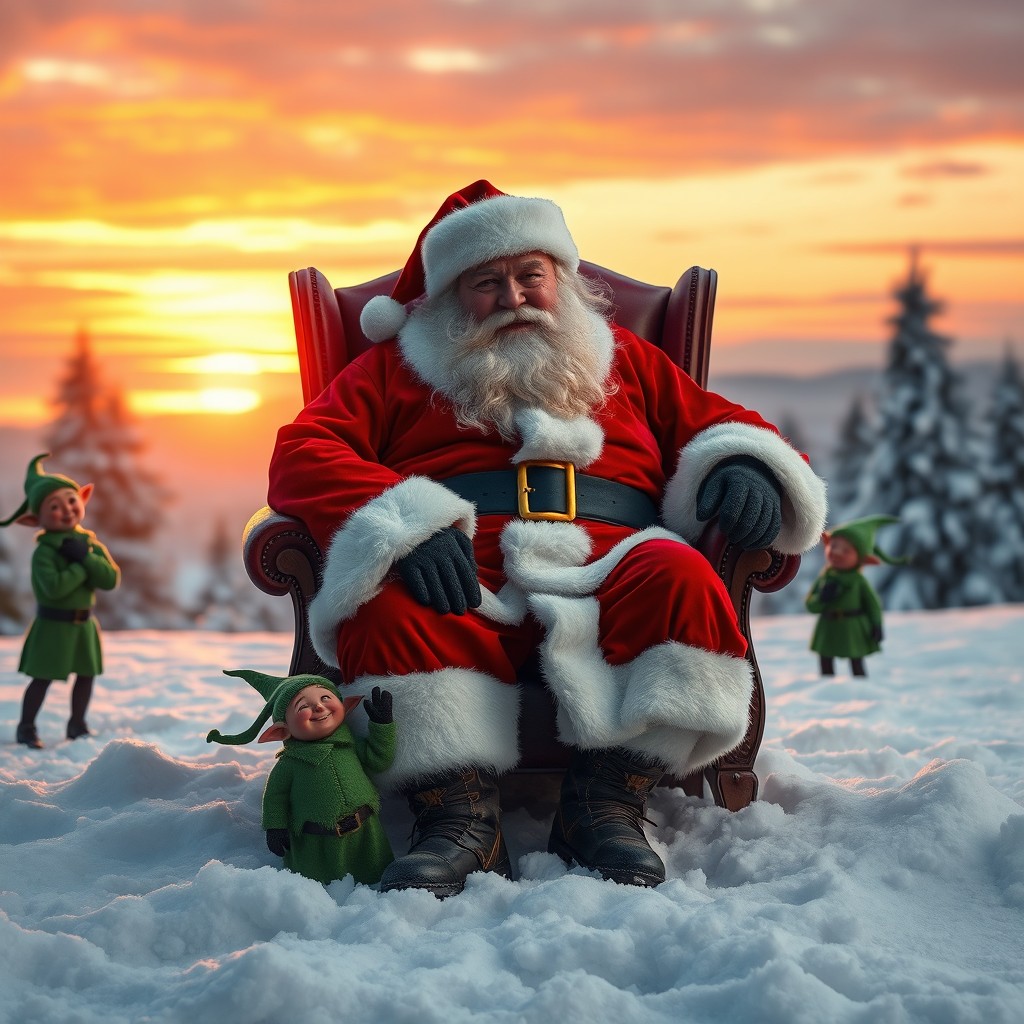 A realistic, very stout Santa Claus sitting in a chair, comfortably surrounded by fluffy snow on the ground