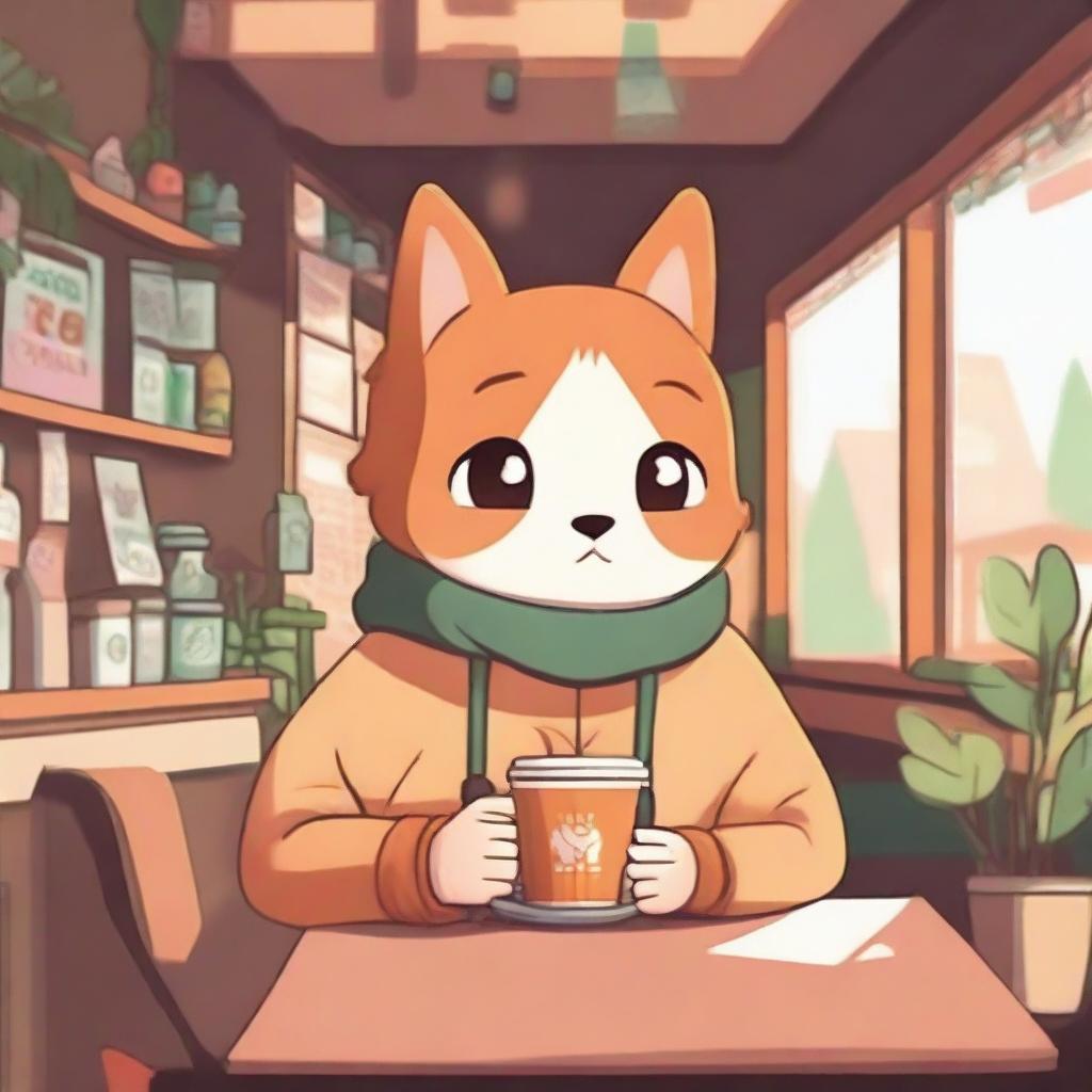 Skuna, a friendly cartoon character, and a lofi aesthetic combined in a cozy coffee shop scene.