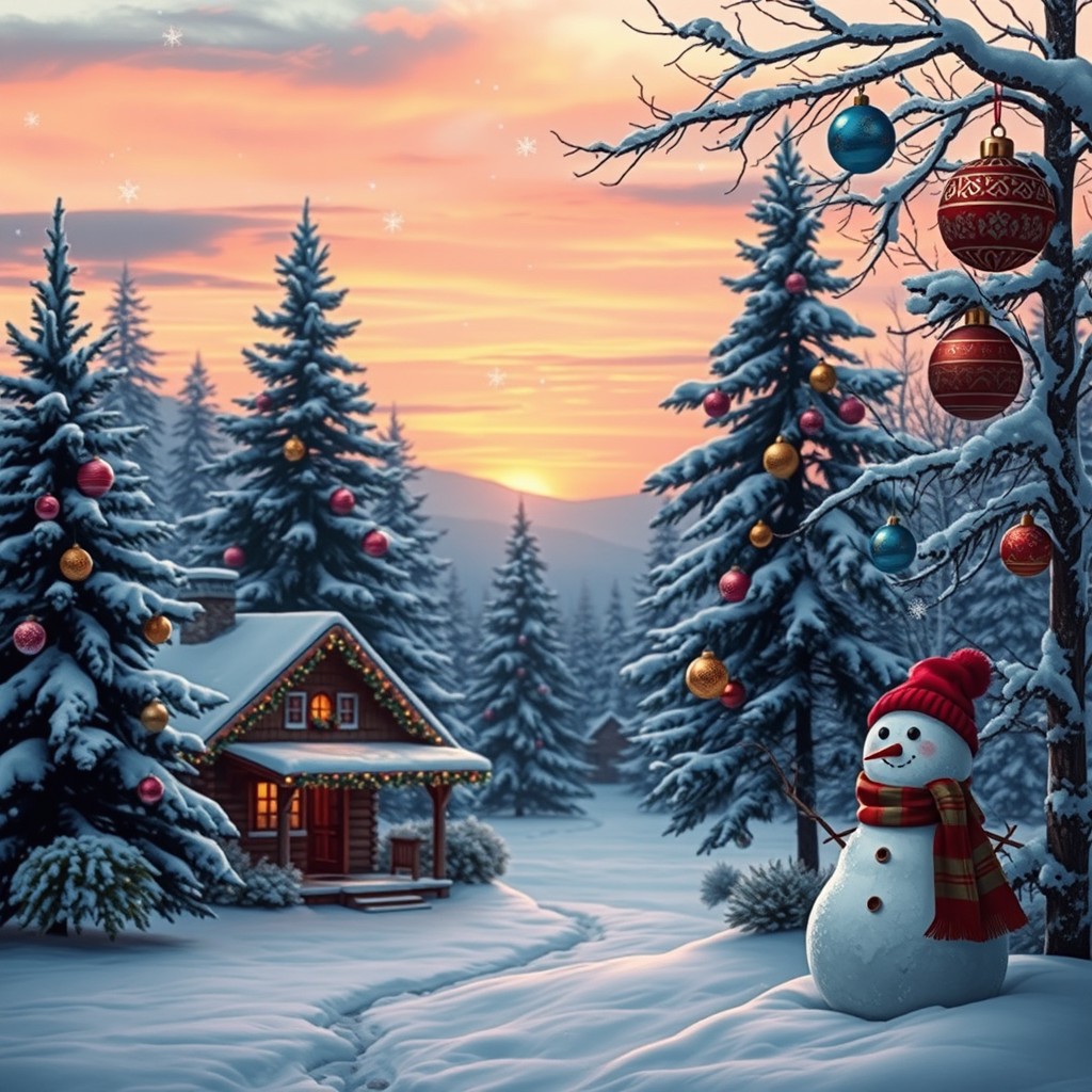 A snowy landscape adorned with festive Christmas touches