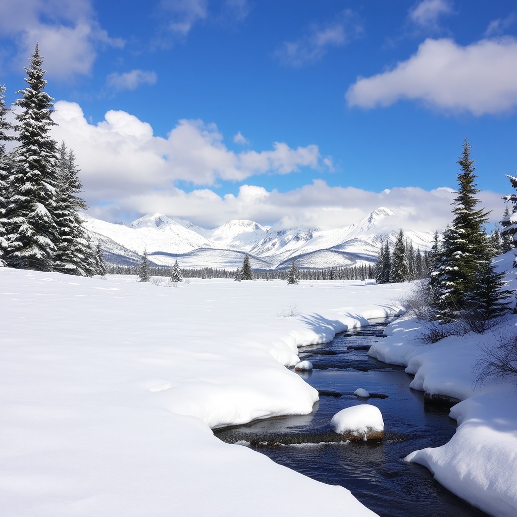 A serene snowy landscape, featuring blankets of fresh snow covering the ground