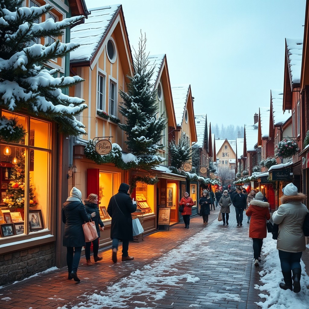 A picturesque snowy village street, lined with charming houses adorning colorful facades and warm lights glowing from their windows