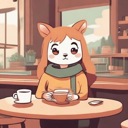 Skuna, a friendly cartoon character, and a lofi aesthetic combined in a cozy coffee shop scene.