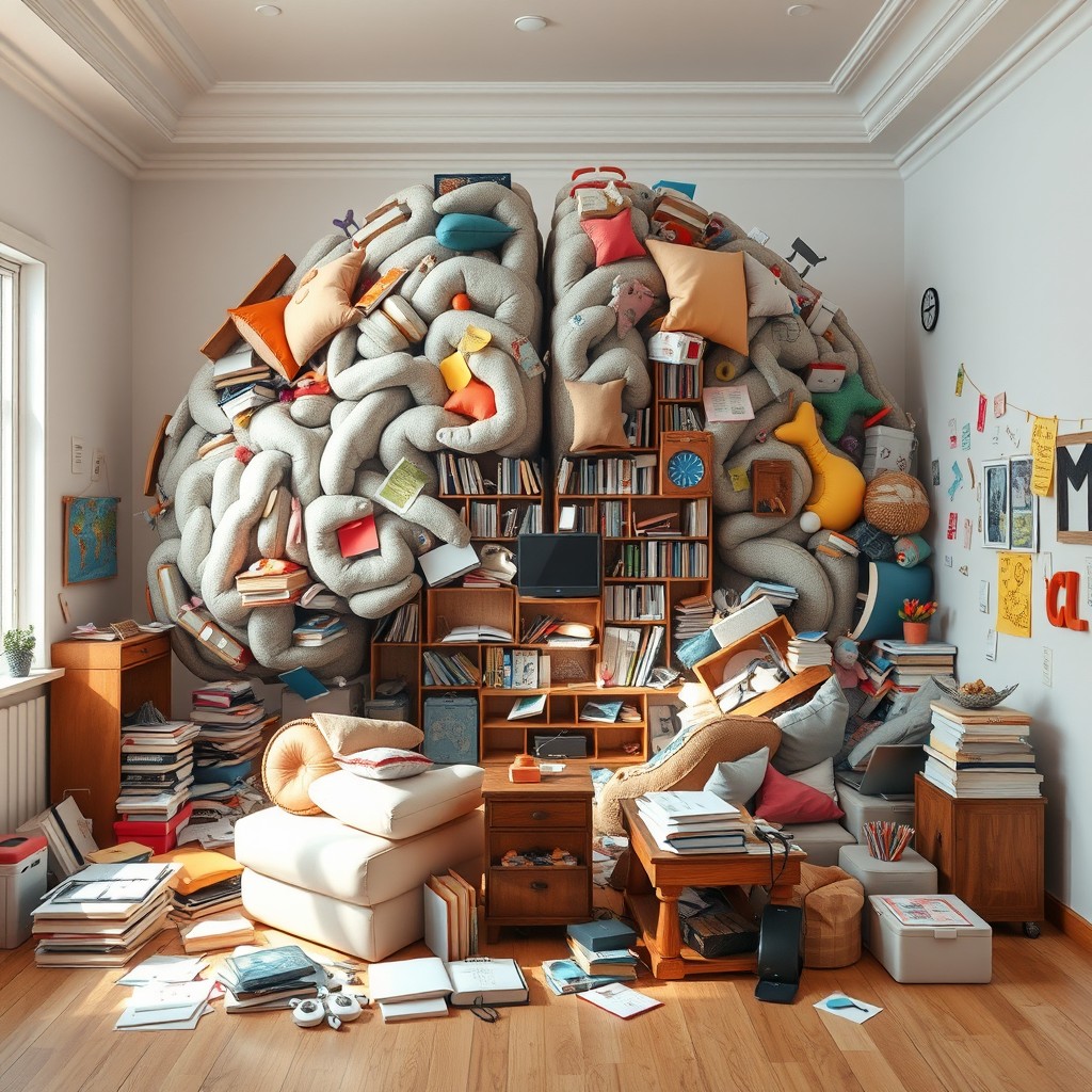 A conceptual depiction of a messy room that creatively resembles a human brain