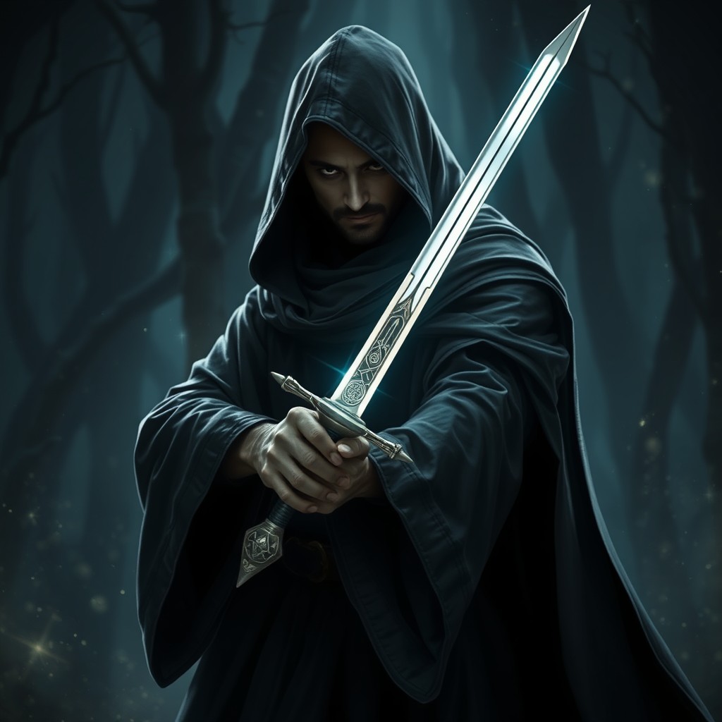 A shadowy bladesinger wizard, elegantly poised, wielding a glimmering rapier