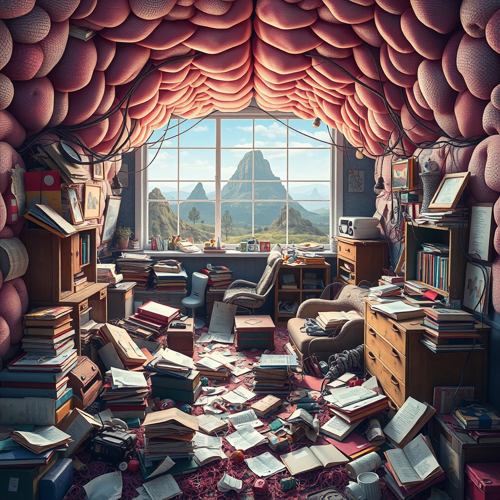 An imaginative scene depicting the interior of a brain designed as a messy and cluttered room, filled with various items like scattered books, crumpled papers, old furniture, and tangled wires