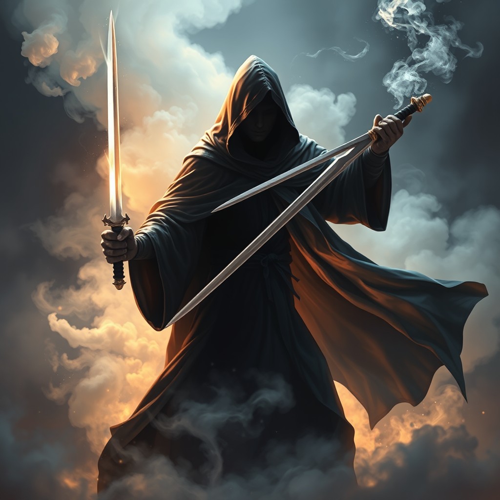 A shadowy bladesinger wizard of shadar-kai descent, emerging dramatically from swirling smoke