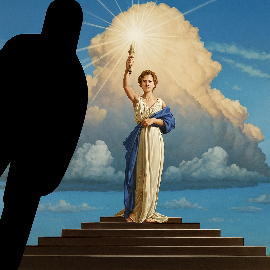 A majestic female figure standing on a grand staircase, holding a bright torch that emits a radiant light